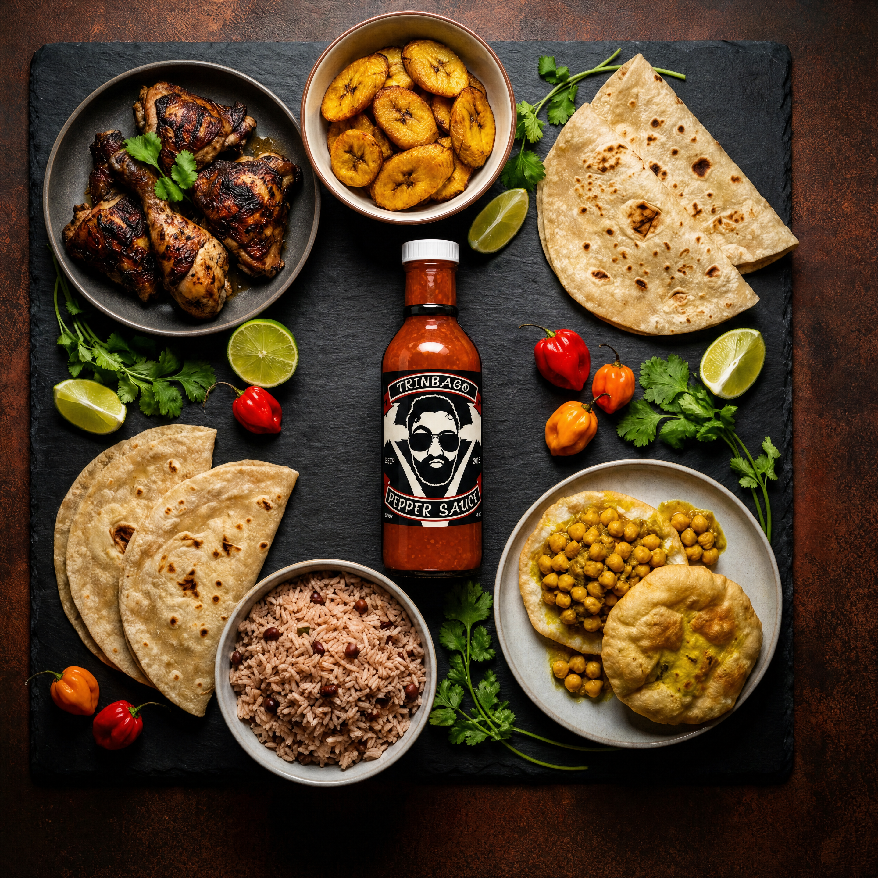 Trinbago bottle on a Caribbean spread — jerk chicken, doubles, plantains, roti