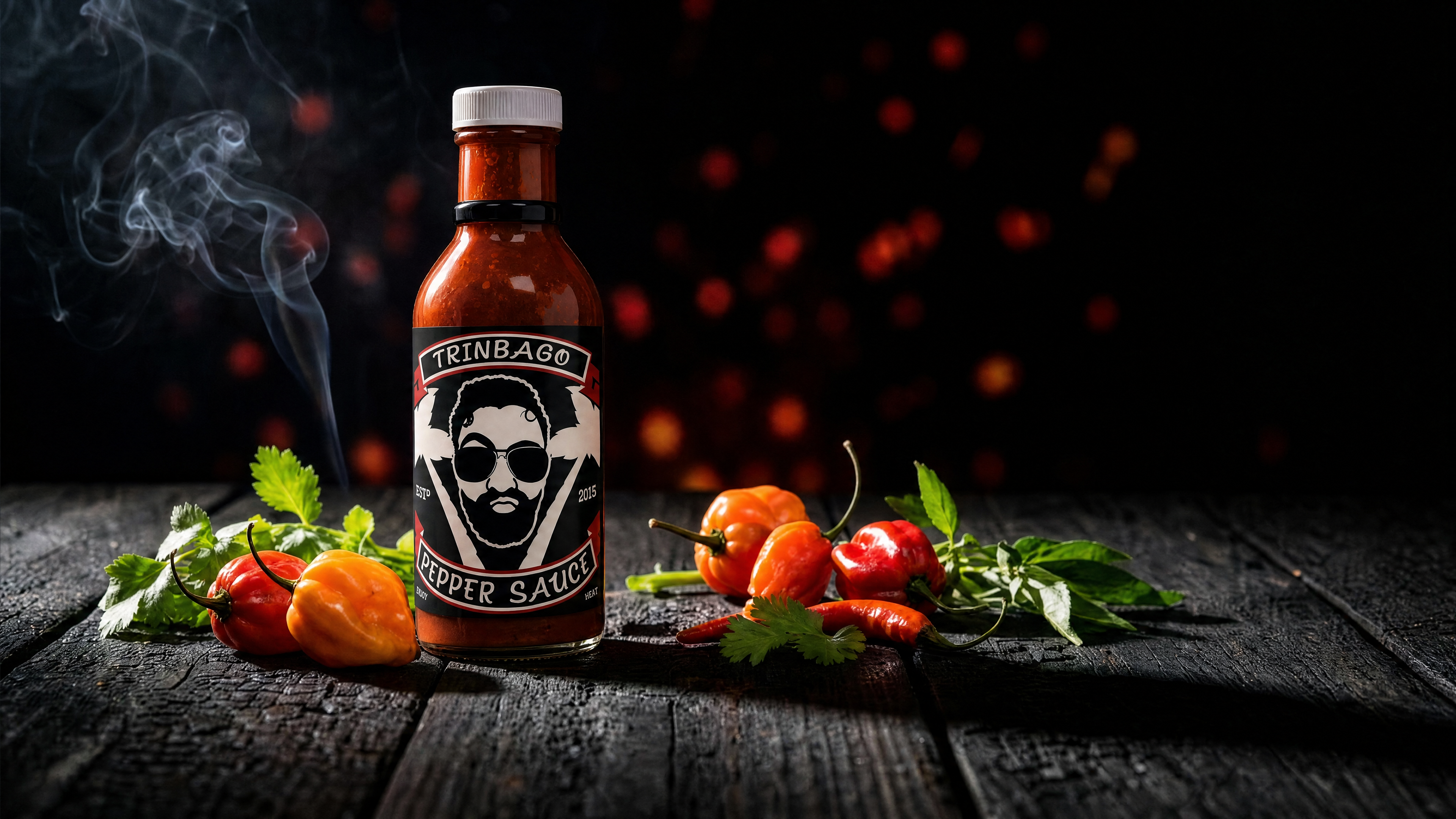 Trinbago Pepper Sauce bottle on a rustic dark table with scotch bonnet peppers
